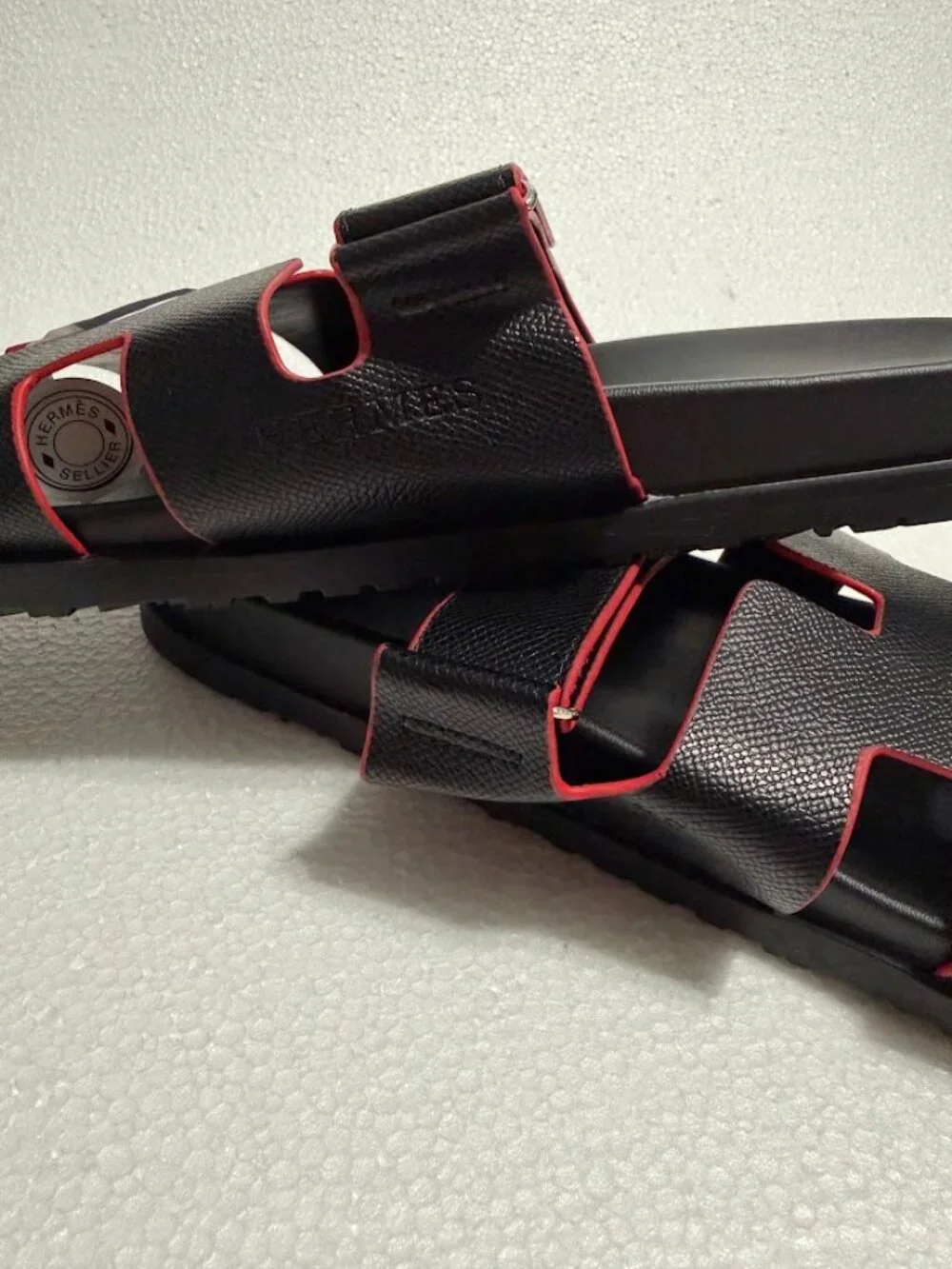 Black Cutout Slide Sandals with Red Trim Adjustable Strap Size 44